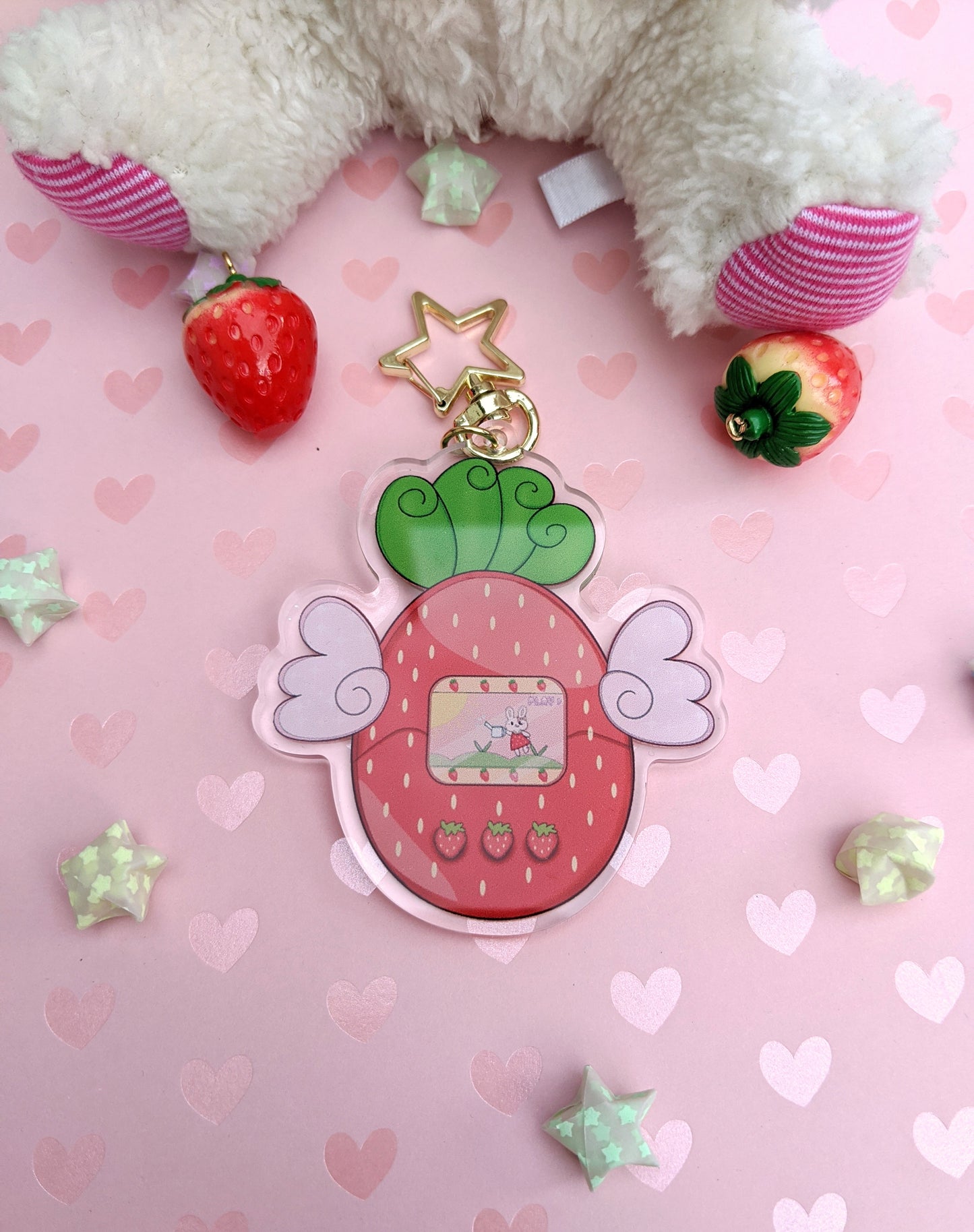 Strawberrygotchi Charm and Lanyard