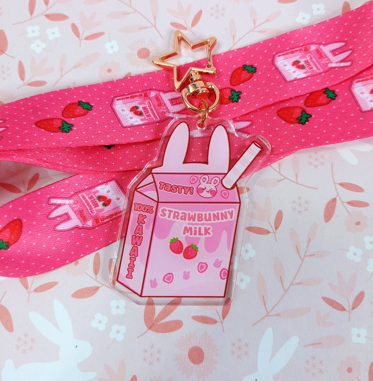 Strawbunny Milk Charm and Lanyard